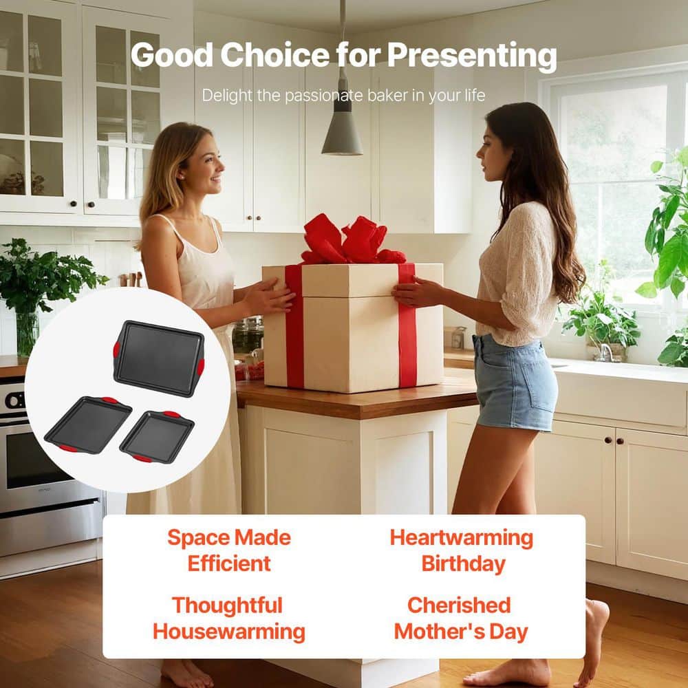 3-Piece Nonstick Baking Pan Set, Carbon Steel Oven Trays with Silicone Handles, Easy-Clean Cookware Set - Hercitys