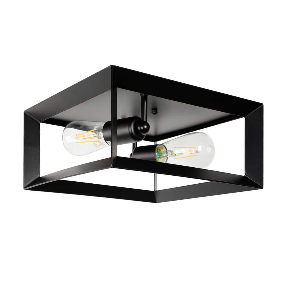 2-Light Black Farmhouse Caged Square Flush Mount Industrial Vintage Ceiling Lighting - Hercitys