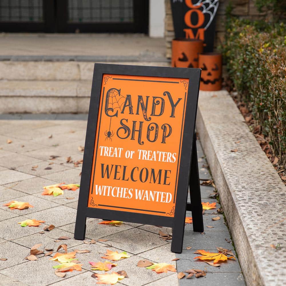 24 in. H Halloween Yard Standing Decor Wooden “Candy Shop” Standing Easel Sign or Hanging Decor (2-Function) - Hercitys