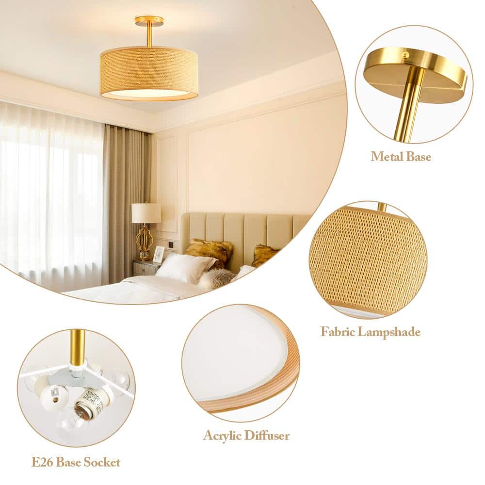 15.7 in. 3-Light Copper Fabric Semi-Flush Mount Ceiling Light - Hercitys