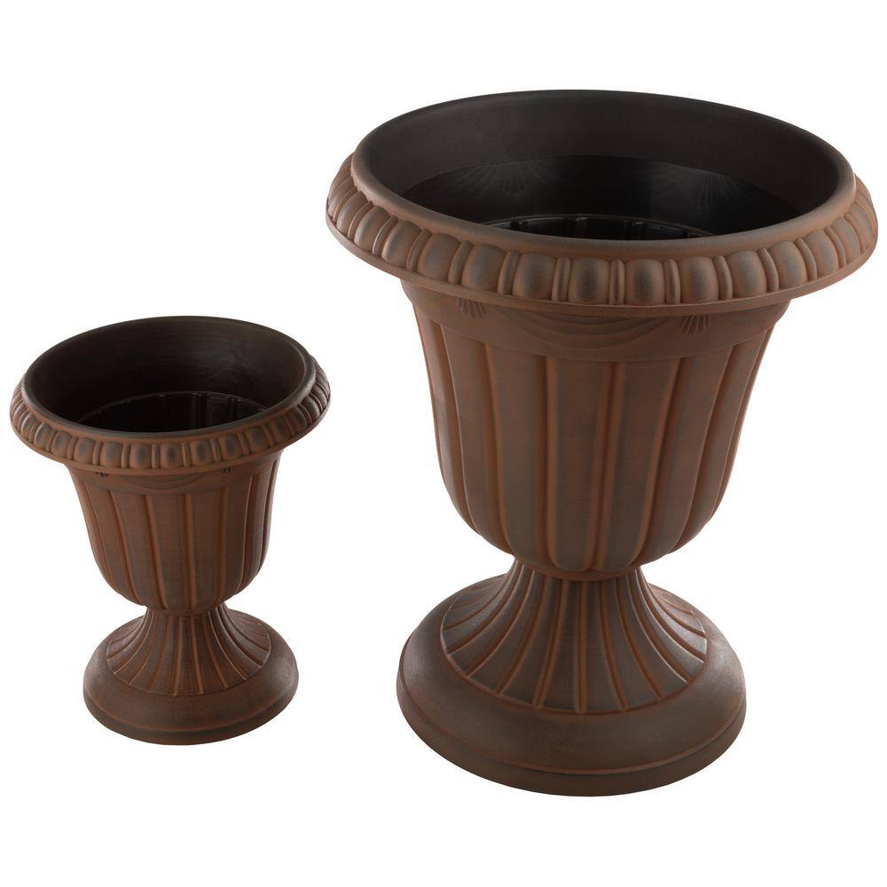 16 in. W x 18 in. H Plastic Large and Small Urn Planter 2-Pack, Brown - Hercitys