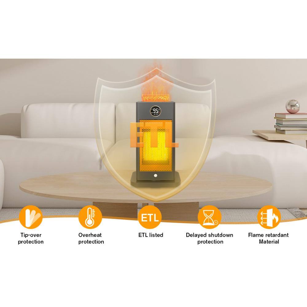 1500 W 5 in. Black Indoor Tower Ceramic Forced Air Space Heater with Fast Heating with Humidifier, 3D Flame Effect - Hercitys