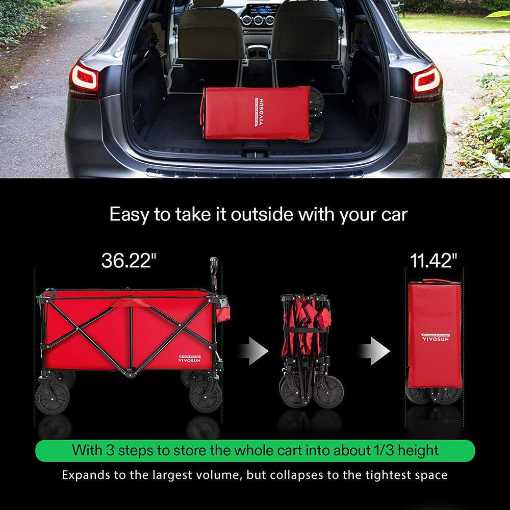 2.5 cu. ft. Collapsible Fabric Garden Cart with Universal Wheels and Adjustable Handle in Red - Hercitys