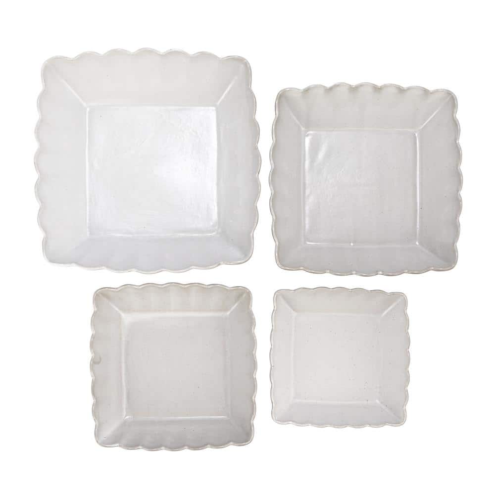 10.37 in. 65 fl.oz Matte White Square Stoneware Serving Bowls with Scalloped Edge (Set of 4) - Hercitys