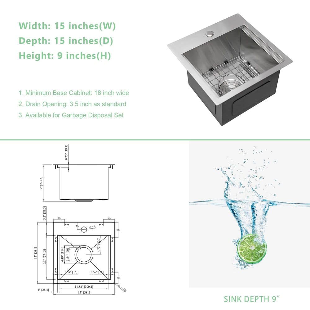 15 in. 16-Guage Stainless Steel 15 x 15 in. Single Bowl Drop-In Kitchen Bar Sink - Hercitys