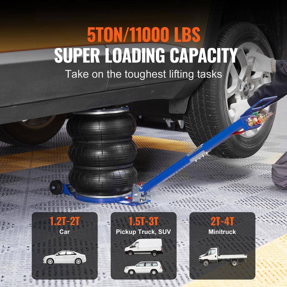 5 Ton/11000 lbs. Pneumatic Air Jack, Triple Bag, 18.5 in. Lift, Quick 3-5 Sec, 6-Steel Pipes, Adjustable Handle - Hercitys
