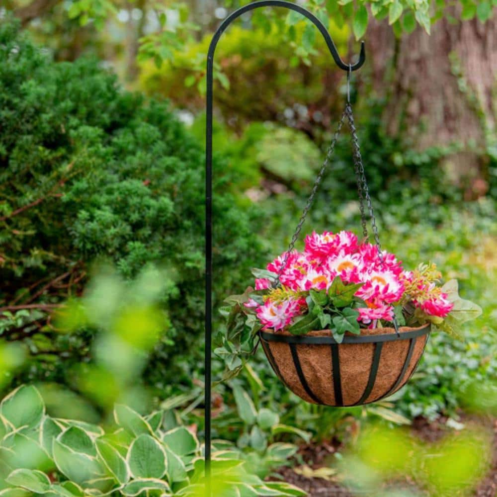 14 in. Dia English Black Metal Hanging Basket with Coco Liner - Hercitys