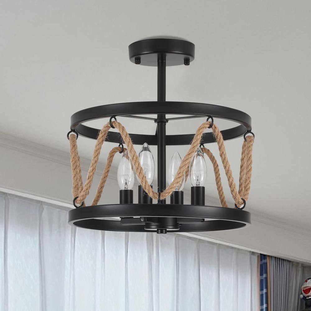 12.6 in. 4-Light Black Drum Metal Hemp Rope Candlestick Semi- Flush Mount Light with No Bulbs Included - Hercitys