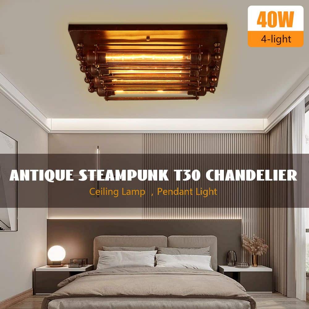 18.11 in. 4-Light Black Industrial Style Square Semi-Flush Mount Ceiling Light with Glass Shade and No Bulbs Included - Hercitys