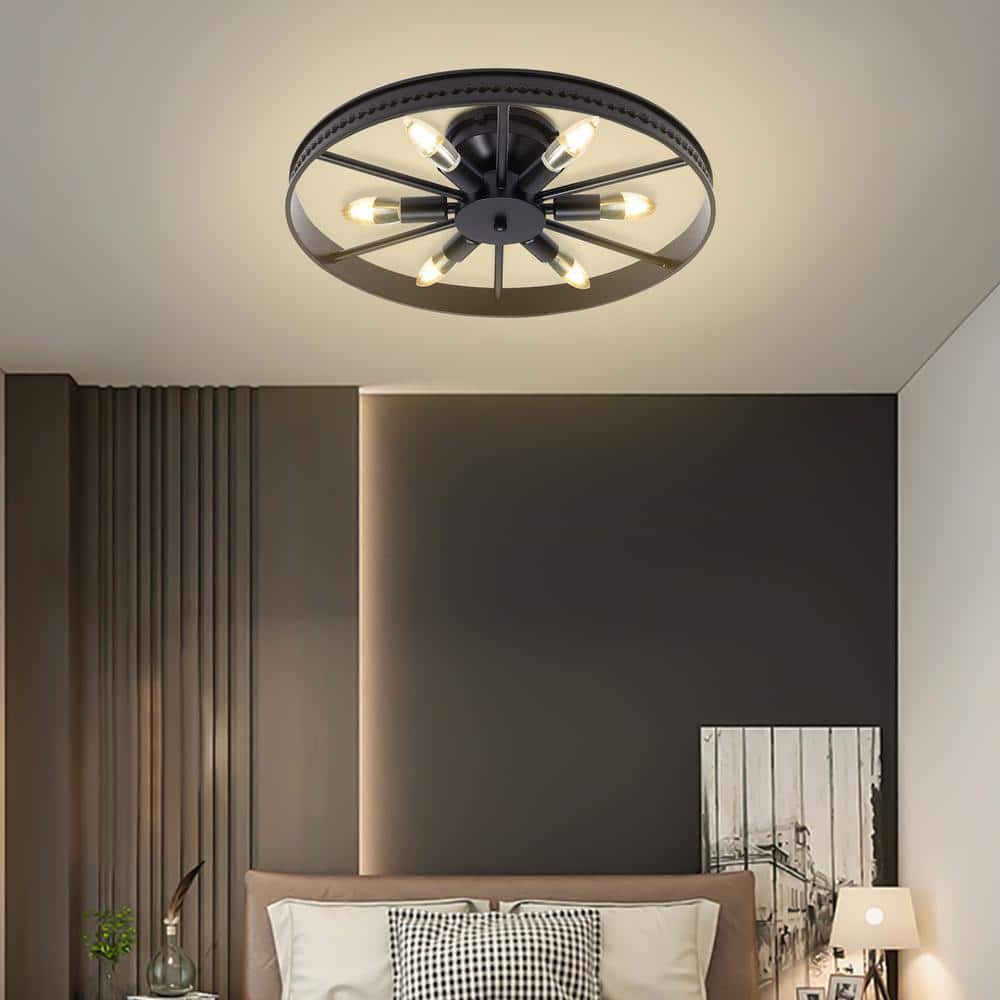 18 in. 6-Light Black Industrial Wagon Wheel Rustic Flush Mount Ceiling Light - Hercitys