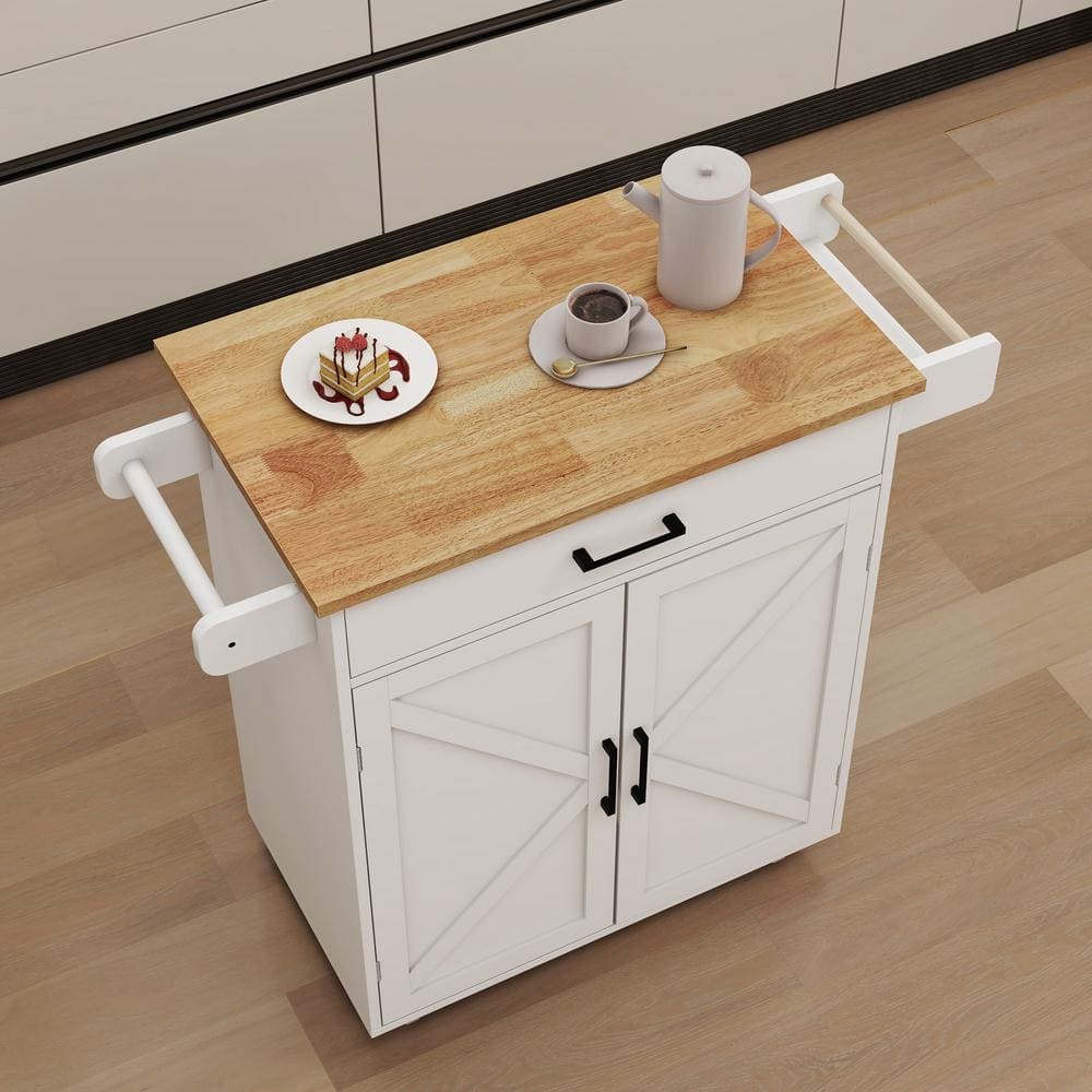 37.99 In. White Wood Kitchen Cart with Adjustable Shelves and Towel Rack Rubber Wood Table Top - Hercitys