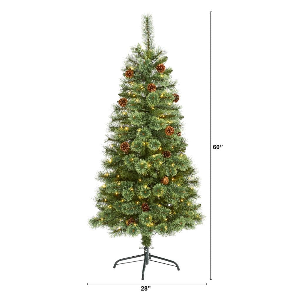5 ft. Pre-Lit White Mountain Pine Artificial Christmas Tree with 200 Clear LED Lights and Pine Cones - Hercitys