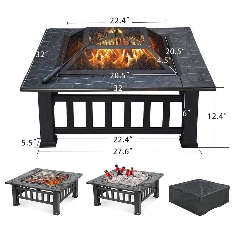 32 in. x 12.4 in. Square Iron Charcoal Gray Upland Fire Pit with Cover - Hercitys