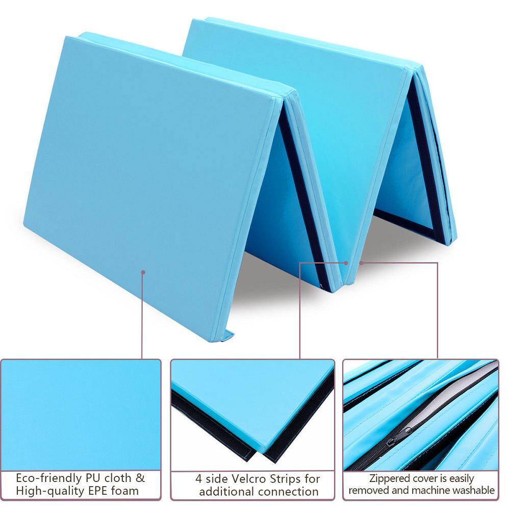 4′ x 8′ x 2” Folding Gymnastics Mat Four Panels Gym PU Leather EPE Foam Blue (32 sq.ft.) - Hercitys