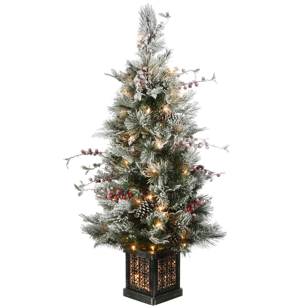 4 ft. Snowy Bedford Pine Entrance Tree in Black/Silver Rectangular Pot with 100 Clear Lights - Hercitys