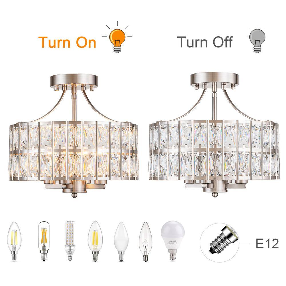 12.6 in. 4-Light Round Nickel Drum Semi Flush Mount Ceiling Light with Clear Crystal Glass with No Bulbs Included - Hercitys