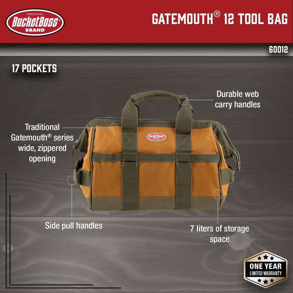 12 in. Gatemouth Tool Bag with zippered top and 16 Total Pockets - Hercitys