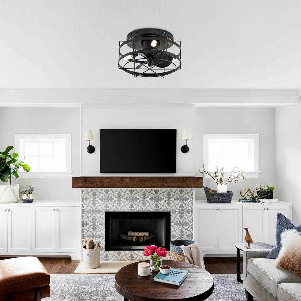 12.5 in. Indoor Black Flush Mount Cage Ceiling Fan with Reversible Motor and Remote, Light Bulbs Included - Hercitys