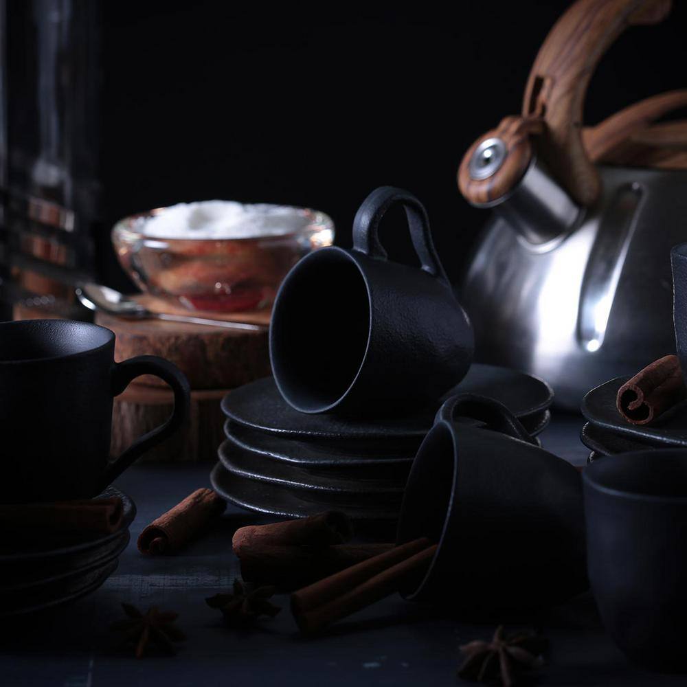 4.06 oz. Chromium Gray Stoneware Organic Coffee Cup and Organic Saucer (Set of 6) - Hercitys