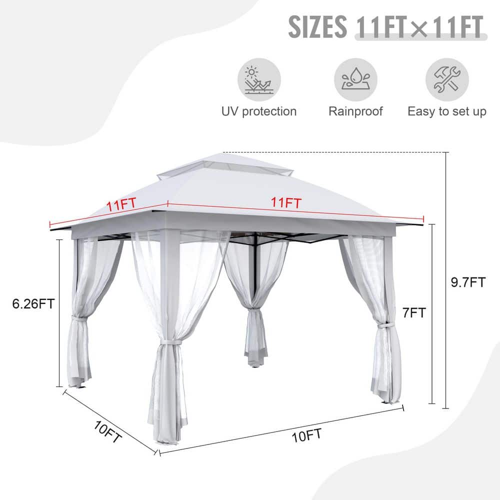 11 ft. x 11 ft. Pop-Up Steel Gazebo with Vented Double Roof, Mosquito Netting, and Carry Bag - Hercitys