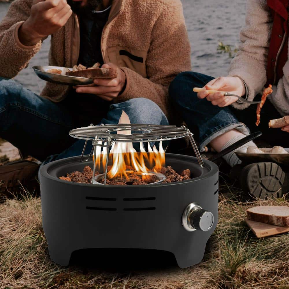 15 in. Black Retangular Steel Portable Propane Fire Pit with Cooking Support Tabletop Fire Pit - Hercitys