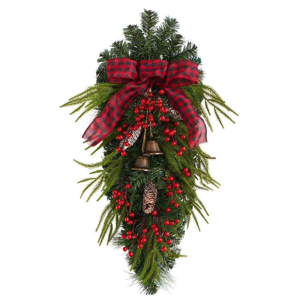 24 in. Unlit Artificial Holiday Christmas Pine Cones, Berry and Bells Swag - Hercitys