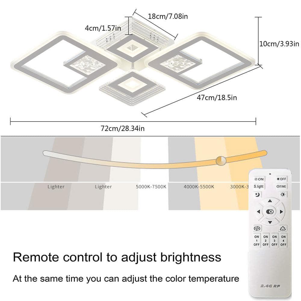 28.34 in. 1-Light White Modern Geometric Design Dimmable Selectable LED Semi-Flush Mount Ceiling Light with Remote - Hercitys