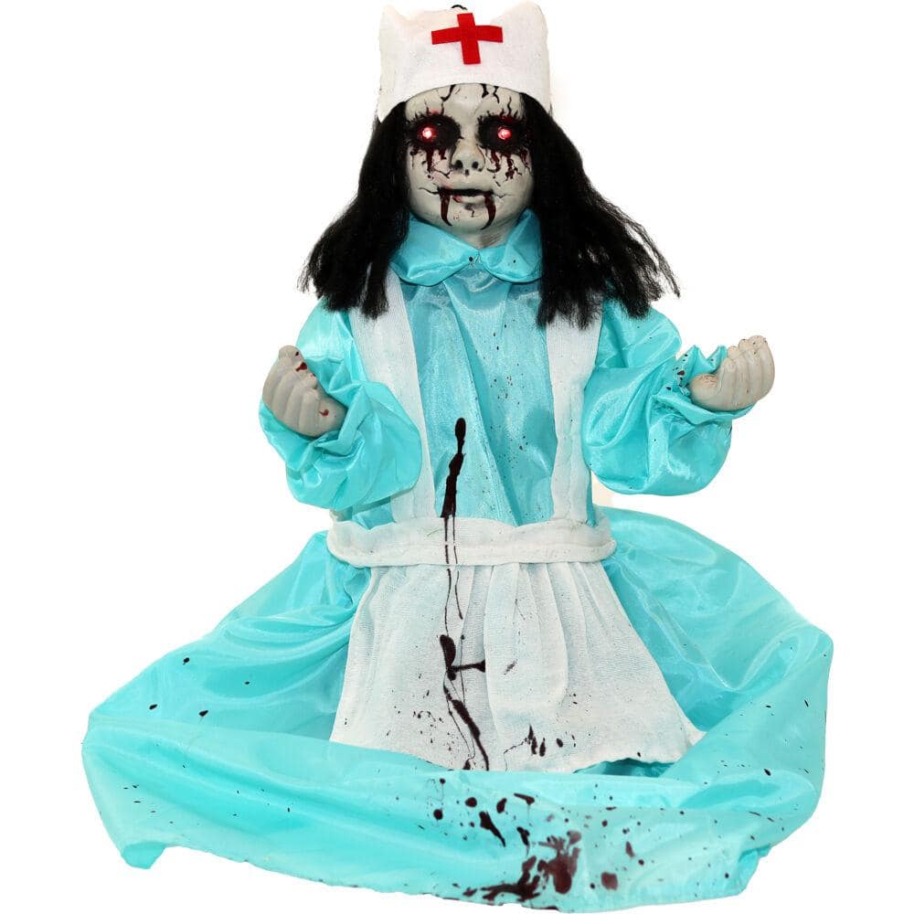 21.5 in. Battery Operated Poseable Animatronic Nurse with Red LED Eyes Halloween Prop - Hercitys