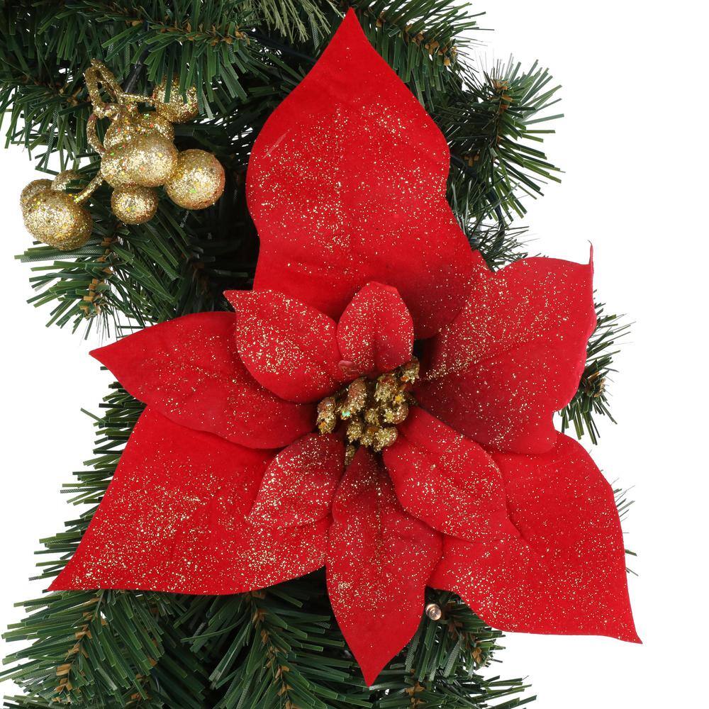30 in. Pre-Lit LED Glittered Poinsettia Artificial Christmas Wreath with 35-Lights - Hercitys
