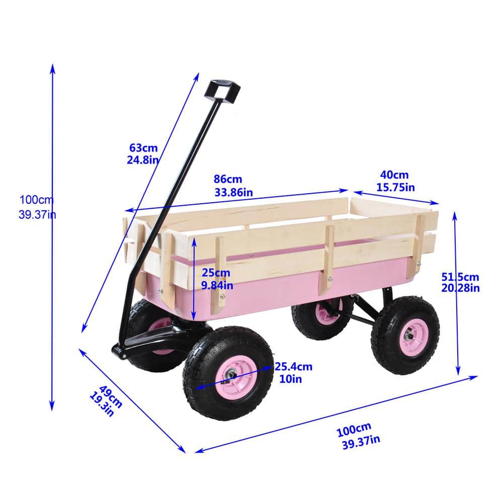 3 cu.ft. Pink Metal Outdoor Wagon All Terrain Pulling Railing Air Tires Children Kid Garden Cart - Hercitys