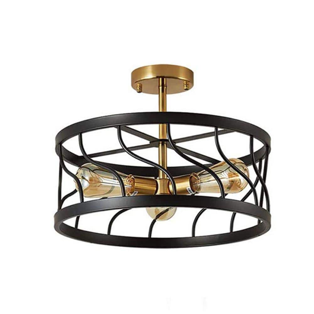 3-Light Black and Gold Semi Flush Mount Ceiling Light, Industrial Ceiling Light with Metal Drum Cage for Hallway Bedroom - Hercitys
