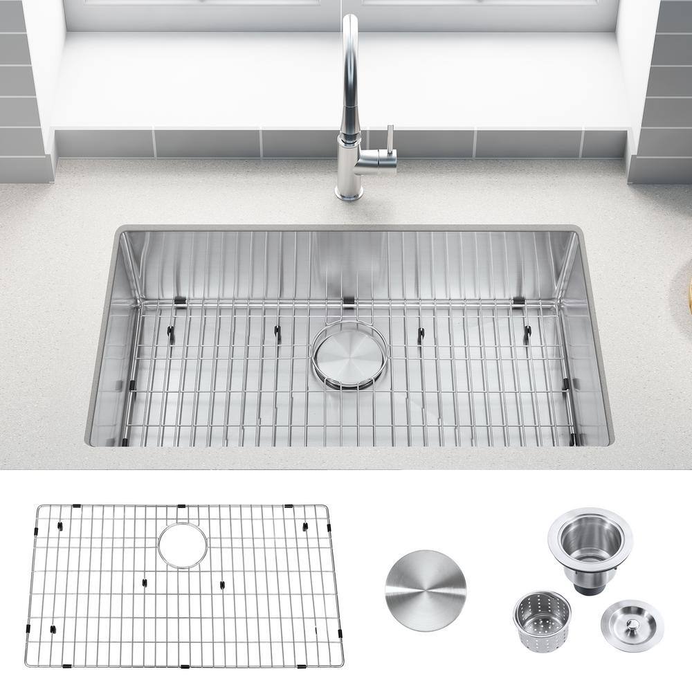 32 in Undermount Single Bowl 18 -Gauge Stainless Steel Kitchen Sink with Bottom Grids - Hercitys