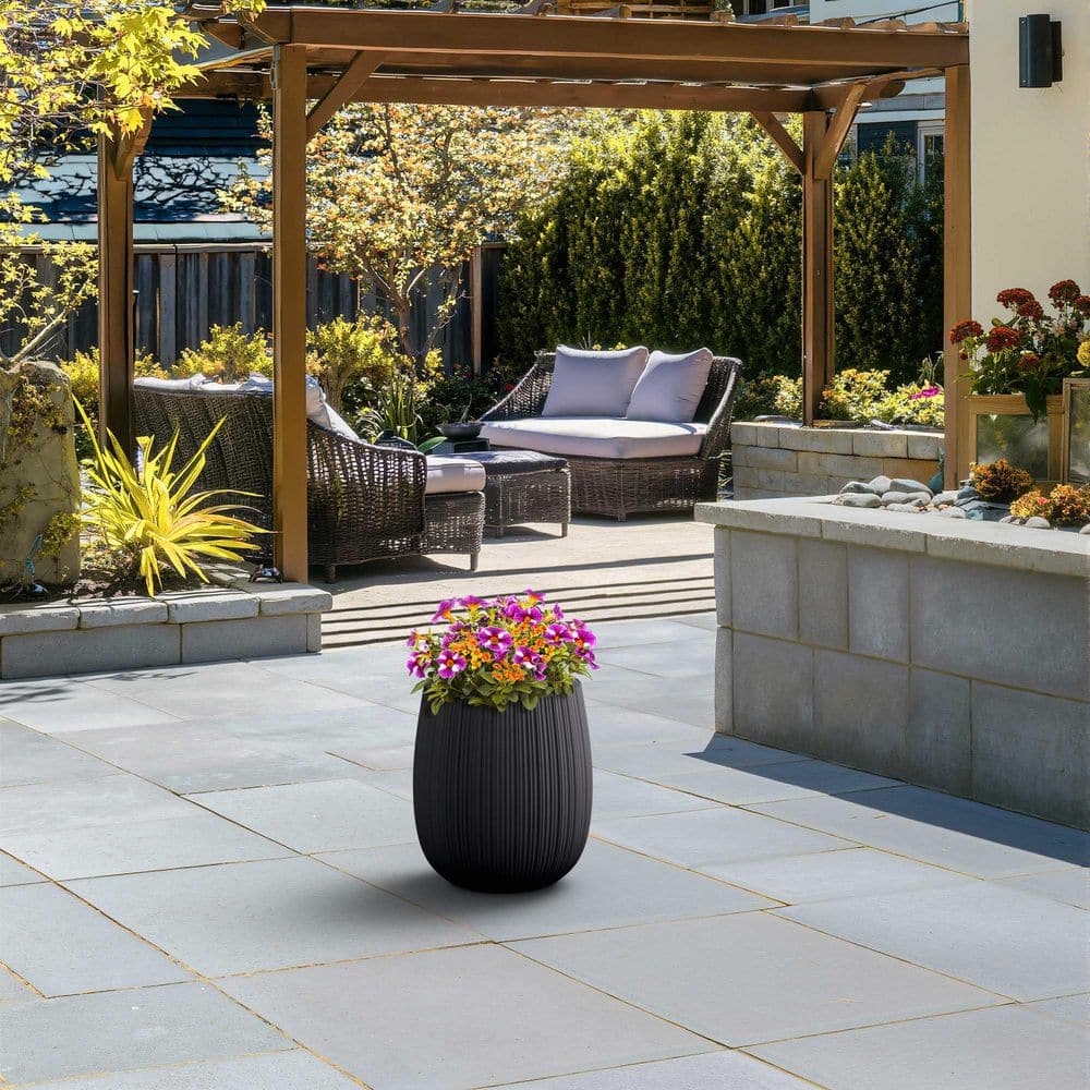 13 in. Middle Charcoal Black (Premium Inner) Concrete Round Planter / Pot with Drainage Holes - Hercitys