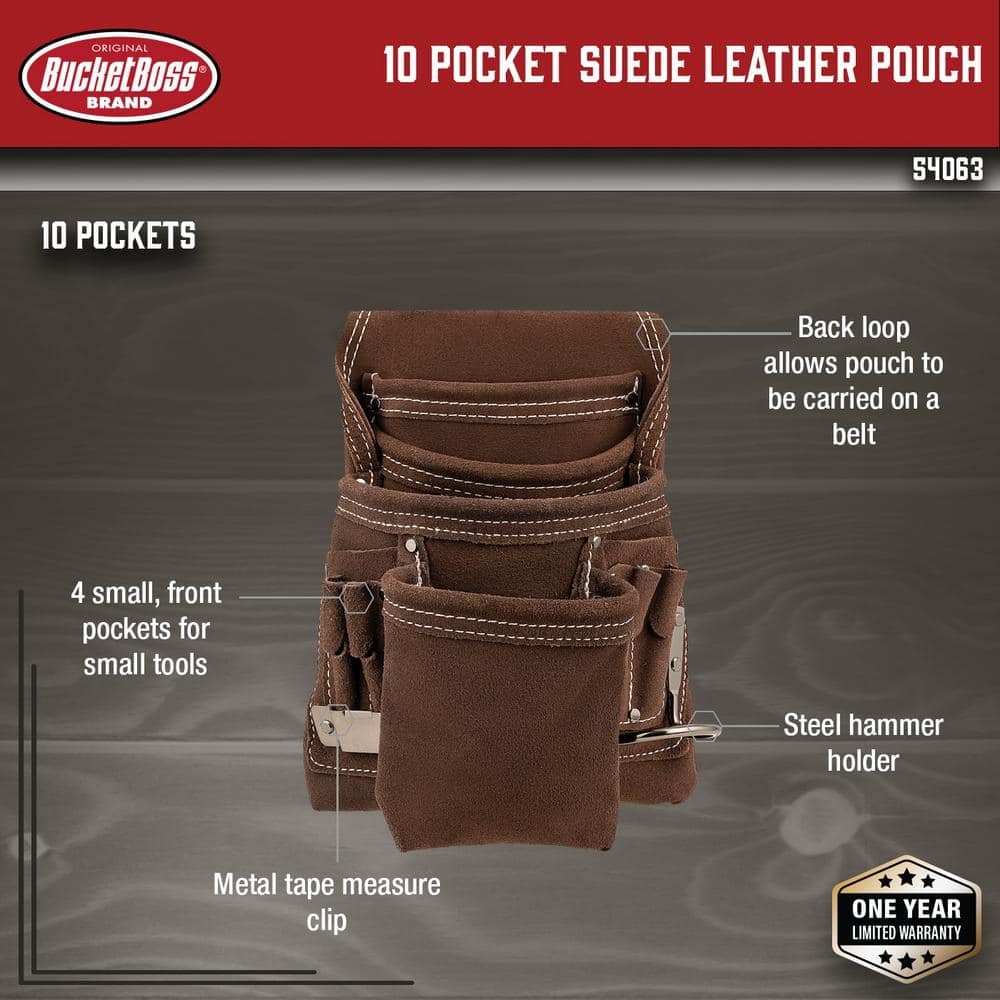10 Pocket Suede Leather Work Tool Belt Pouch with Steel Hammer Loop and Tape Measure Holder - Hercitys