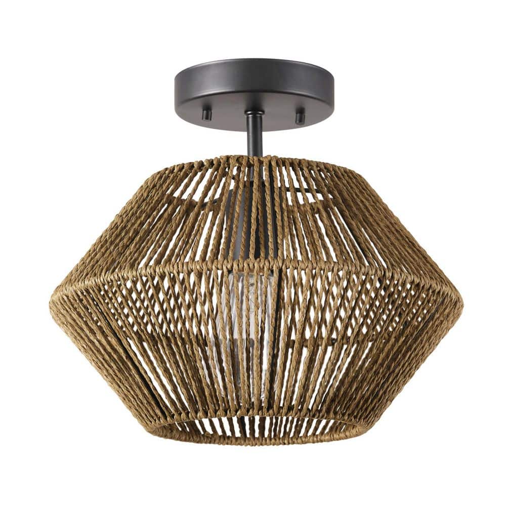 12 in. 1-Light Matte Black Flush Semi-Flush Mount Ceiling Light with Natural Twine Shade - Hercitys
