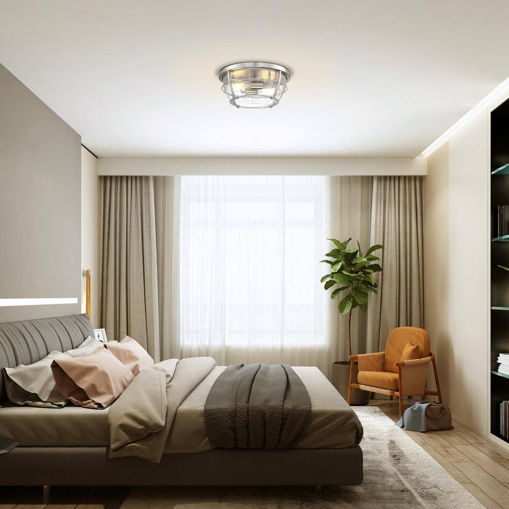 12.8 in. 2-Light Barreled Brushed Nickel Cage Flush Mount Ceiling Light - Hercitys