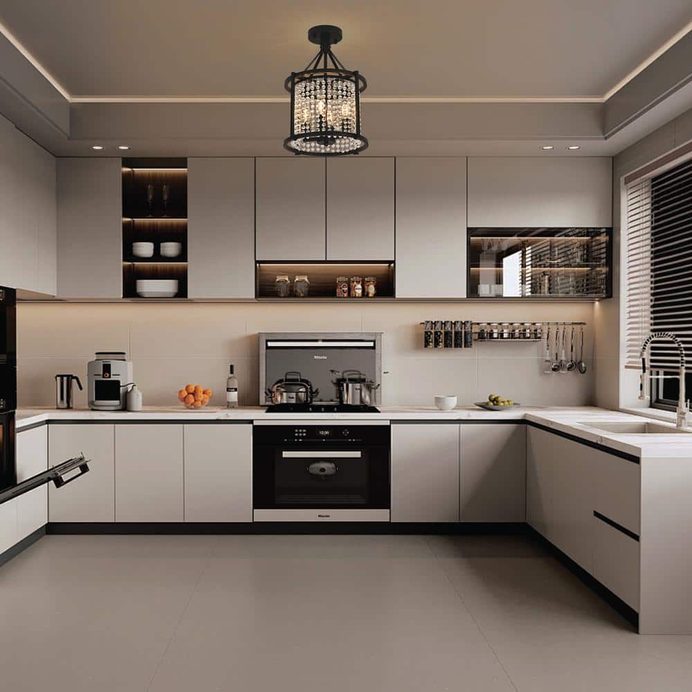 11.8 in. 4-Light Modern Black Lantern Semi-Flush Mount with Crystal Teardrop Pendant Shade - Hercitys