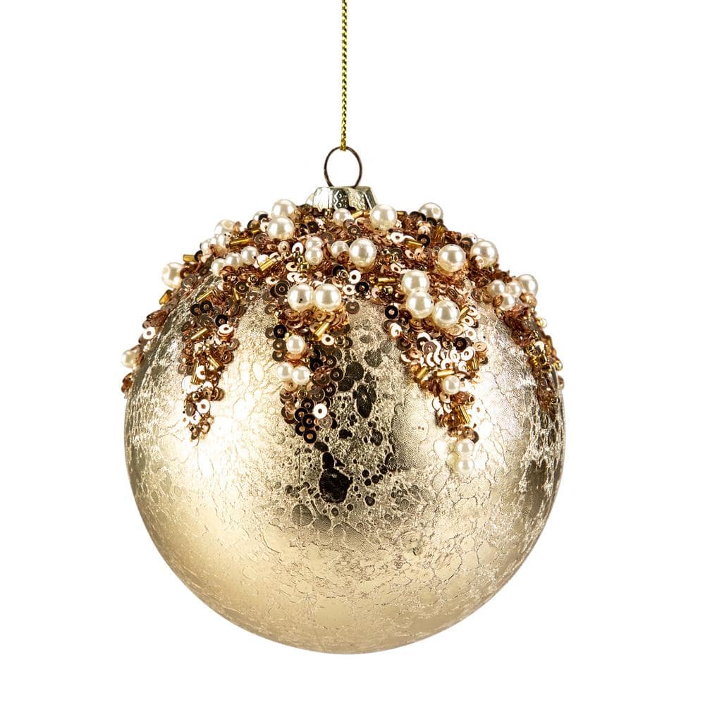 4 in. Gold Mercury Glass Style Shatterproof Christmas Ball Plastic Ornament with Beads - Hercitys