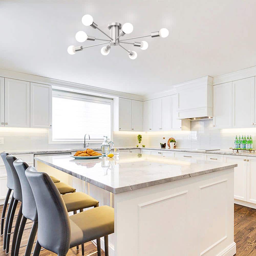 30.07 in. 8-Light Nickel Sputnik Semi- Flush Mount For Living Room Foyer with No Bulbs Included - Hercitys