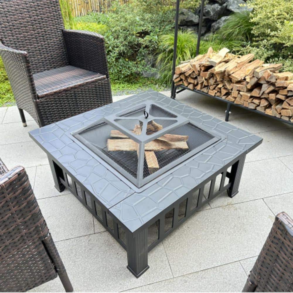 32 in. Fire Pit Table Square Metal Stove Backyard Patio Garden Fireplace for Camping, Outdoor Heating and Picnic - Hercitys