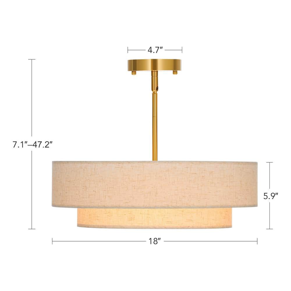 18 in. 4-Light Antique Brass Semi-Flush Mount Ceiling Light Fixture Drum Pendant Light with 2-Layer Fabric Shade - Hercitys