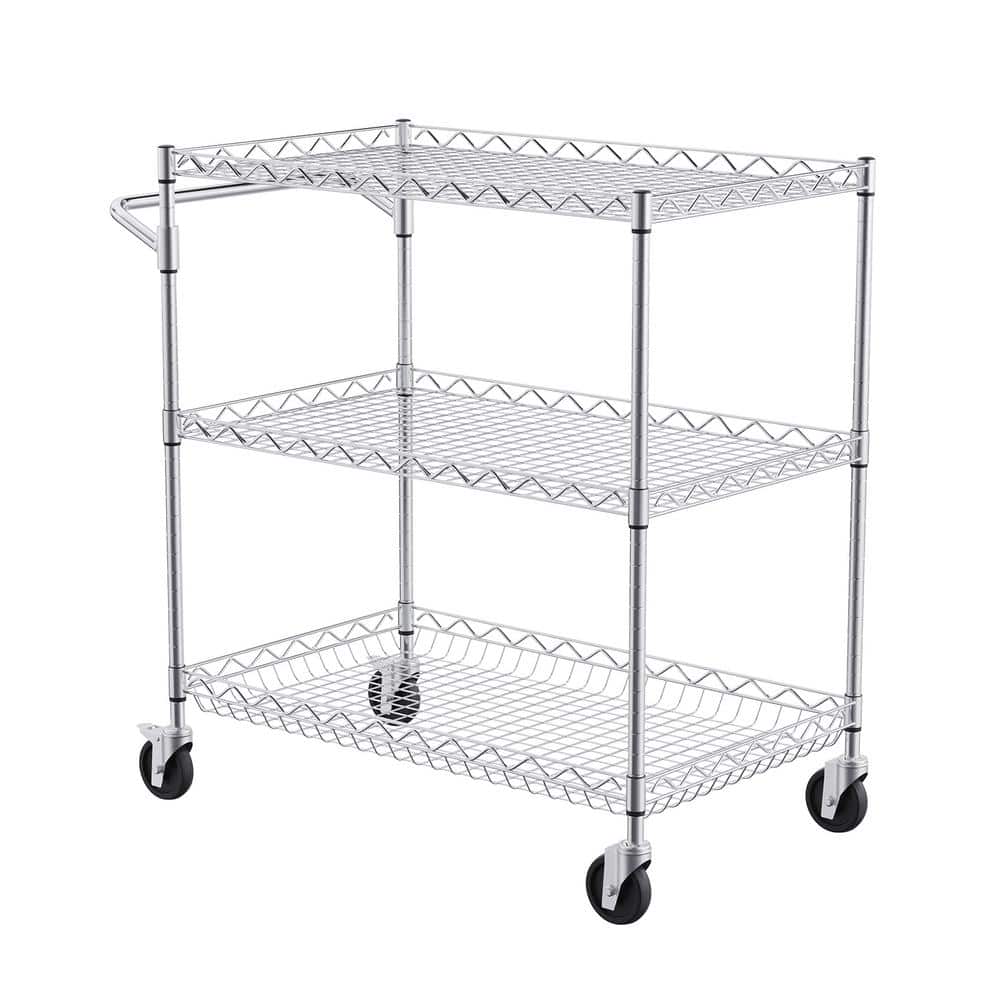 3-Tier Kitchen Cart, 661 lbs. Capacity, Steel Service Trolley with 3.15 in. Deep Basket, Curved Handle and 6-Hooks - Hercitys