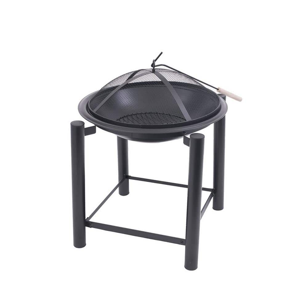 21.5 in. Round Steel Wood Fire Pit On Raised 4-Post Platform with Screen, Screen Lift, And Log Grate - Hercitys