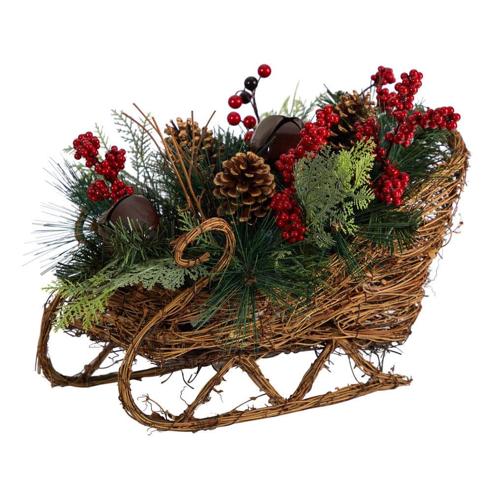 18 in. Unlit Christmas Sleigh with Pine, Pinecones and Berries Artificial Christmas Arrangement - Hercitys