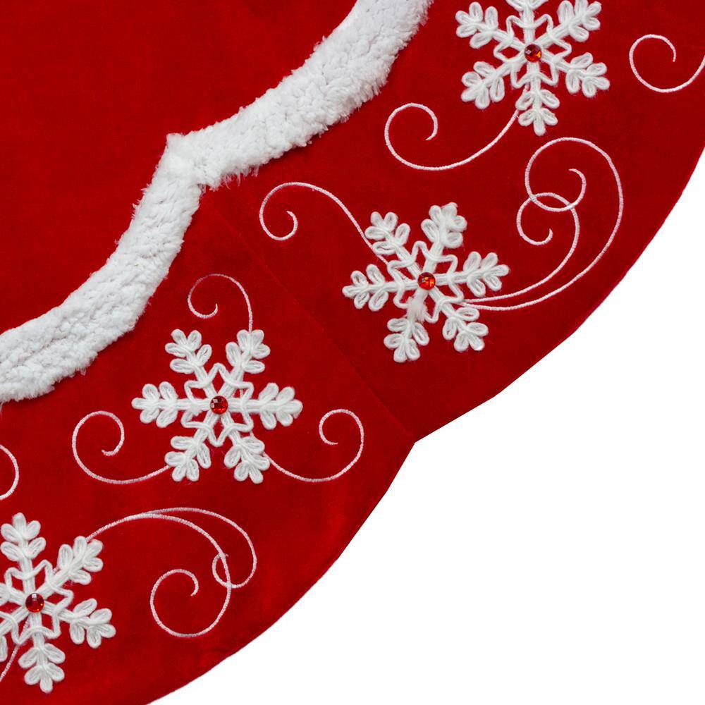 48 in. Velvet Red and White Snowflake Scallop Christmas Tree Skirt - Hercitys