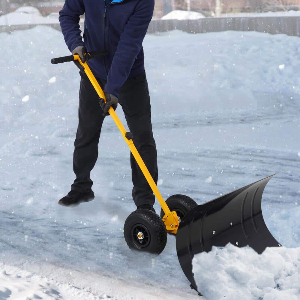 29 in. Adjustable Angle Rubber Handle Steel Blade Snow Shovel with Wheels, Snow Pusher, Snow Removal Tool, Yellow - Hercitys