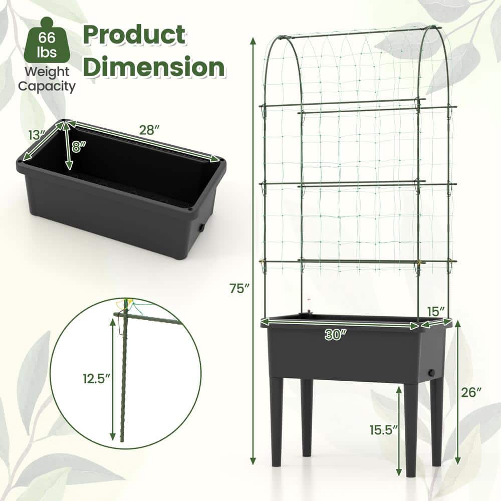 30 in. x 15 in. x 75 in. PP Plastic Raised Garden Bed Elevated Planter with Climbing Trellis - Hercitys
