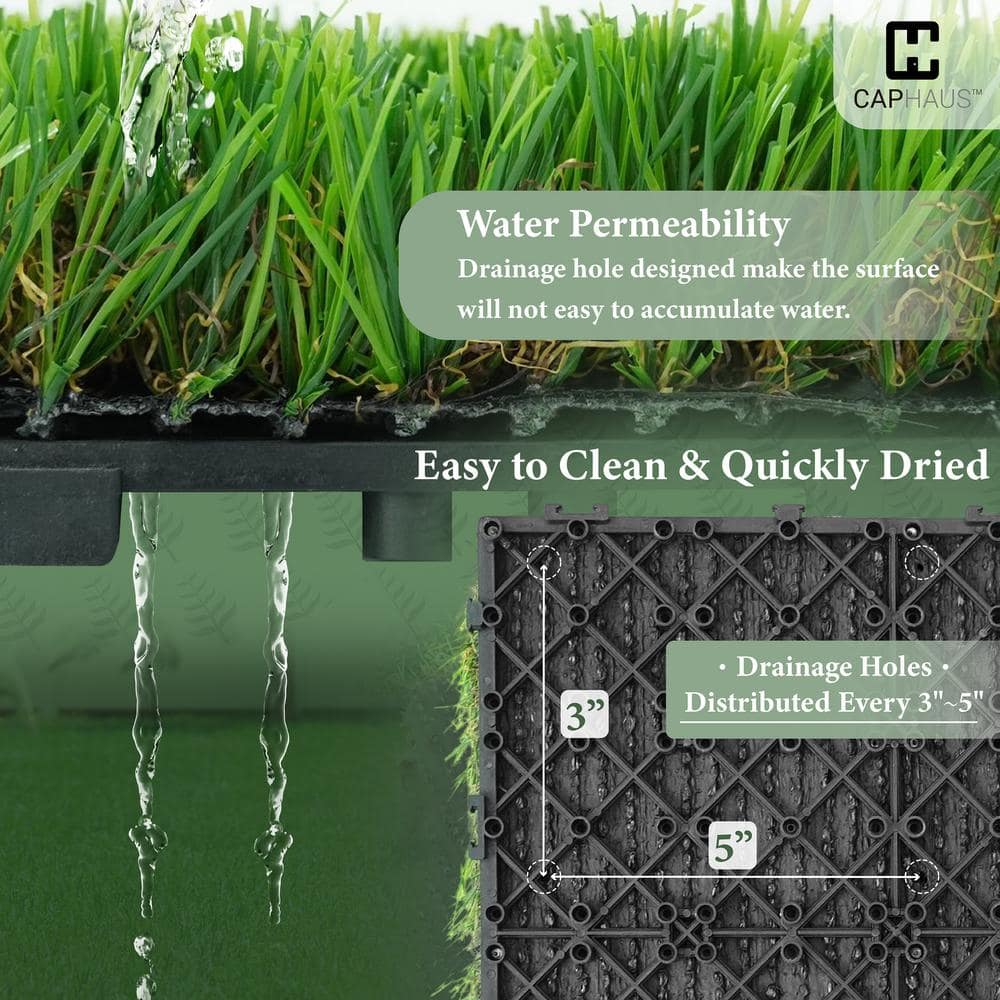 1 ft. x 1 ft. Green Artificial Grass Turf Tiles, Self-Draining Interlocking Faux Grass Pet Turf, Tile, Covers 6 sq. ft. - Hercitys
