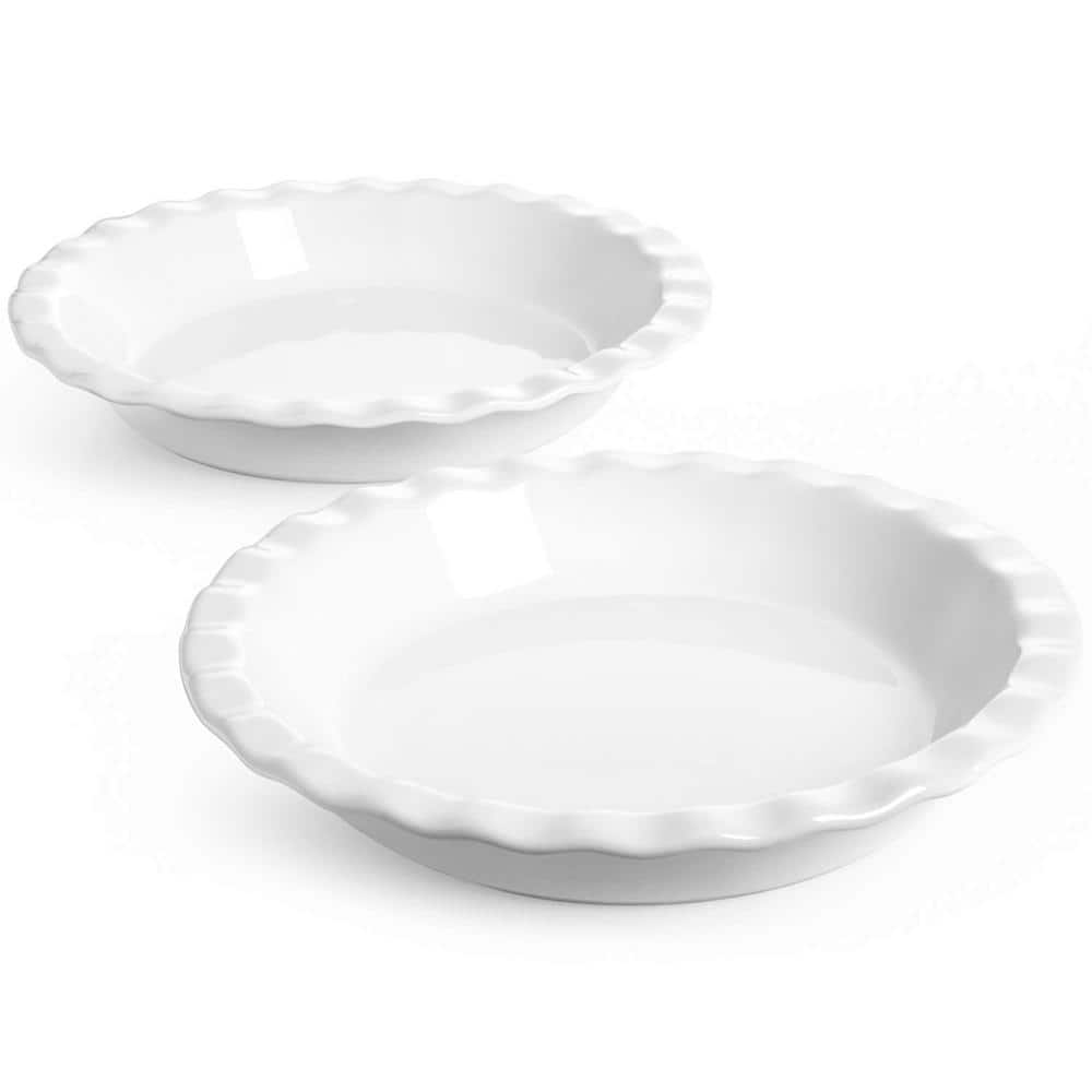 36 oz. 9 in. 2-Piece Ceramic Pie Pans for Baking Fluted Dish Set, White - Hercitys