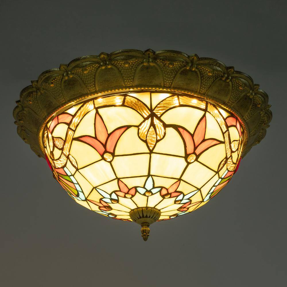 20.47 in. 36-Watt Gold European LED Flush Mount Ceiling Light with Stained Glass Shade - Hercitys
